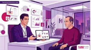 رسوم توضيحية فاخرة لطبيب يشرح أسباب تساقط الشعر عند الرجال لمريض في عيادة حديثة 