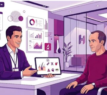 رسوم توضيحية فاخرة لطبيب يشرح أسباب تساقط الشعر عند الرجال لمريض في عيادة حديثة 