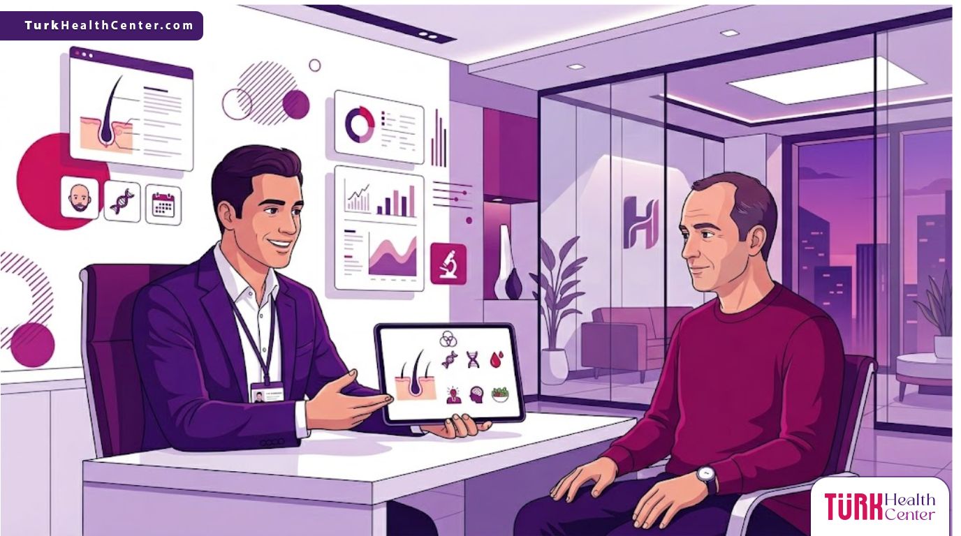 رسوم توضيحية فاخرة لطبيب يشرح أسباب تساقط الشعر عند الرجال لمريض في عيادة حديثة 