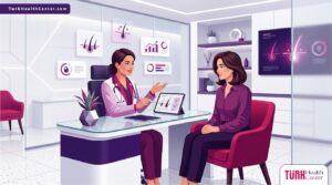 رسم توضيحي يظهر طبيباً يشرح أسباب تساقط الشعر لدى النساء لمريضة داخل عيادة عصرية متطورة 