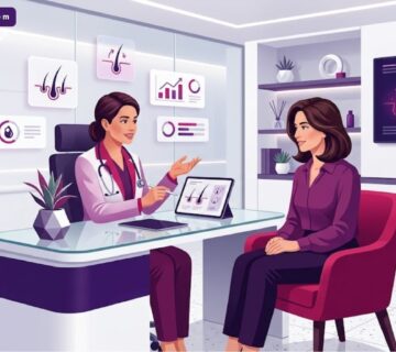 رسم توضيحي يظهر طبيباً يشرح أسباب تساقط الشعر لدى النساء لمريضة داخل عيادة عصرية متطورة 