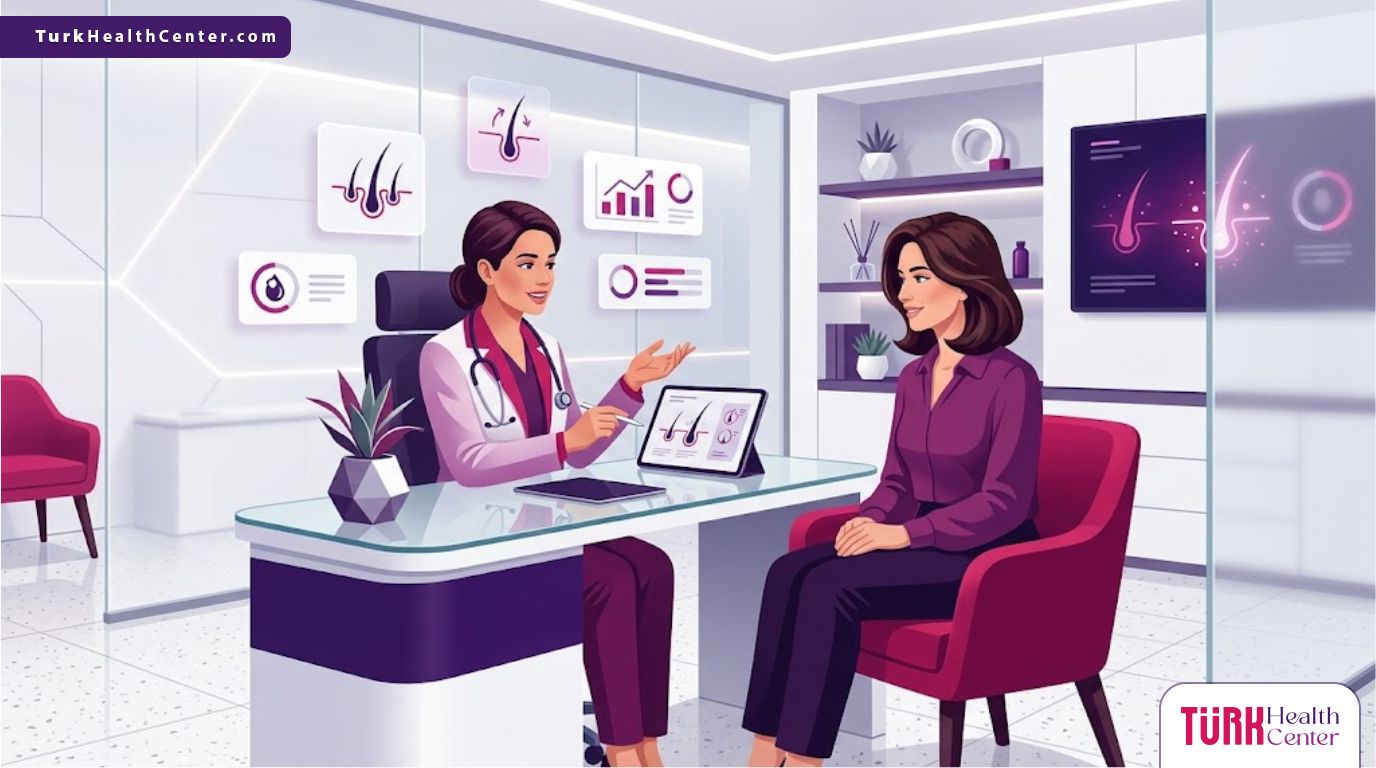 رسم توضيحي يظهر طبيباً يشرح أسباب تساقط الشعر لدى النساء لمريضة داخل عيادة عصرية متطورة 