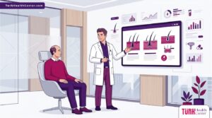 رسوم توضيحية عصرية تشرح أسباب وعلاج الصلع عند الرجال داخل عيادة متخصصة بتصميم فيكتور راقٍ 