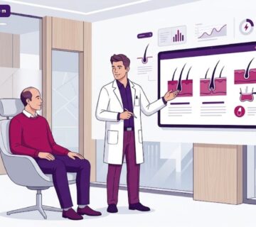 رسوم توضيحية عصرية تشرح أسباب وعلاج الصلع عند الرجال داخل عيادة متخصصة بتصميم فيكتور راقٍ 