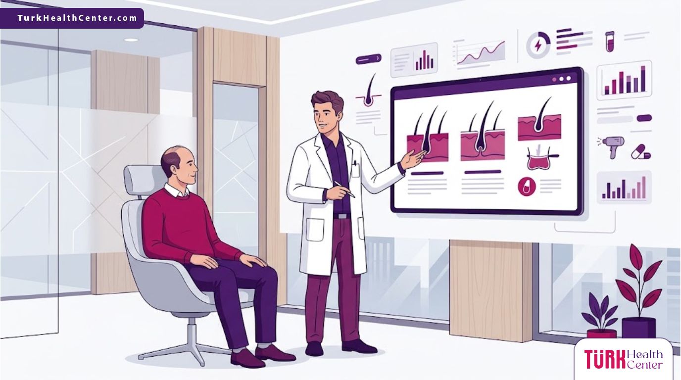 رسوم توضيحية عصرية تشرح أسباب وعلاج الصلع عند الرجال داخل عيادة متخصصة بتصميم فيكتور راقٍ 