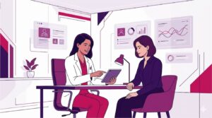 رسم توضيحي عصري لطبيب يشرح خيارات أسعار عمليات تجميل الصدر لمريضة في عيادة فاخرة 