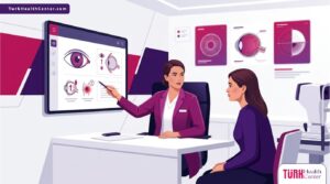 رسوم توضيحية لطبيب عيون يشرح لمريض أضرار عملية تغيير لون العين داخل عيادة حديثة 