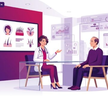 رسوم توضيحية حديثة لعيادة طبية تشرح أهم مميزات عمليات زراعة الشعر للمرضى بألوان فاخرة 