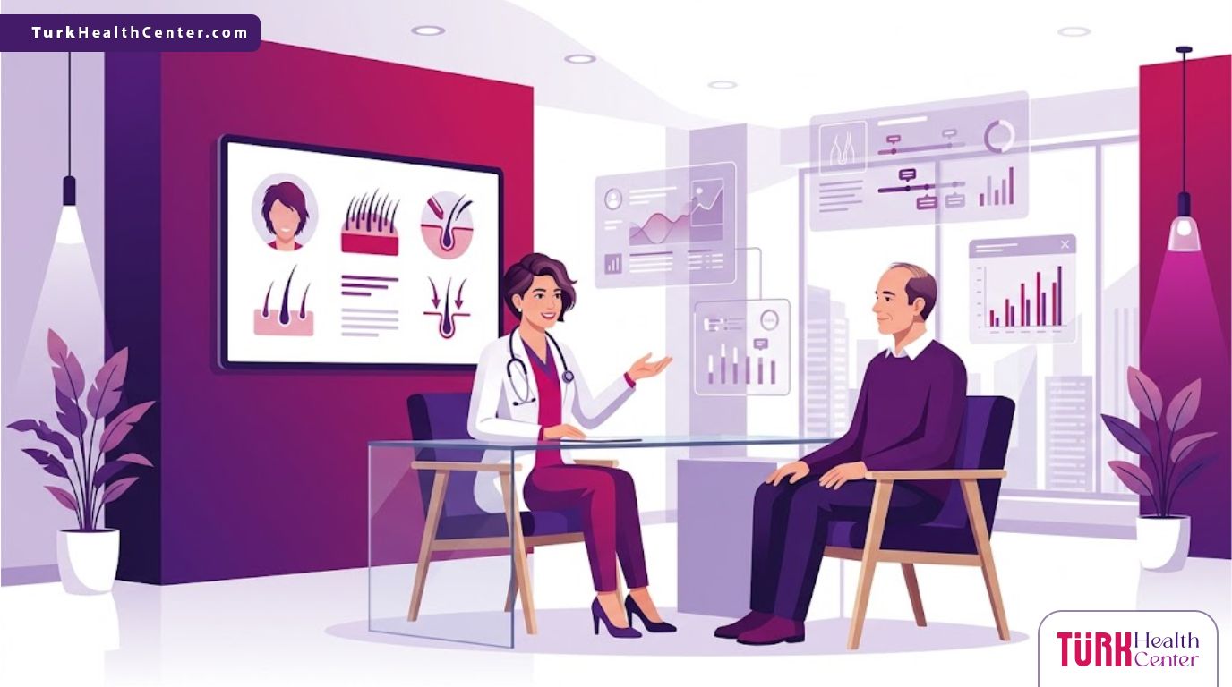 رسوم توضيحية حديثة لعيادة طبية تشرح أهم مميزات عمليات زراعة الشعر للمرضى بألوان فاخرة 