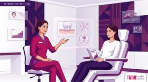 رسم توضيحي عصري لعيادة طبية متطورة تشرح تقنية إبر النضارة في تركيا للمرضى بأسلوب راقٍ 