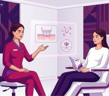 رسم توضيحي عصري لعيادة طبية متطورة تشرح تقنية إبر النضارة في تركيا للمرضى بأسلوب راقٍ 