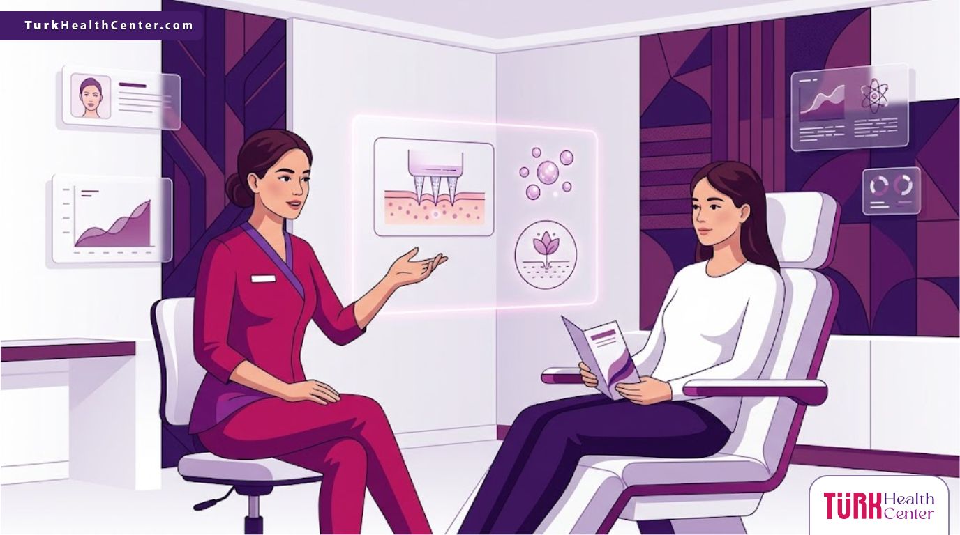 رسم توضيحي عصري لعيادة طبية متطورة تشرح تقنية إبر النضارة في تركيا للمرضى بأسلوب راقٍ 