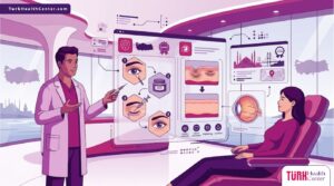 رسم توضيحي يظهر طبيبًا يشرح تقنية إبر النضارة للعين في تركيا داخل عيادة فاخرة بأسلوب فيكتور حديث 