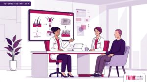 رسم توضيحي يظهر طبيب يشرح احدث تقنيات زراعة الشعر لمريض في عيادة فاخرة بألوان أرجوانية عصرية 