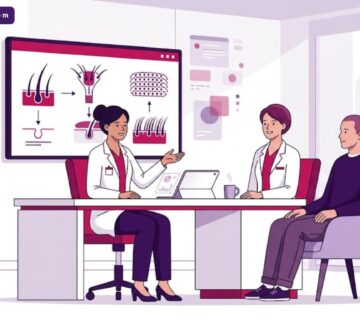 رسم توضيحي يظهر طبيب يشرح احدث تقنيات زراعة الشعر لمريض في عيادة فاخرة بألوان أرجوانية عصرية 