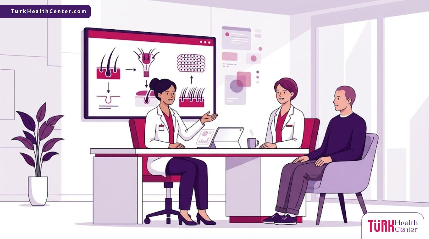 رسم توضيحي يظهر طبيب يشرح احدث تقنيات زراعة الشعر لمريض في عيادة فاخرة بألوان أرجوانية عصرية 