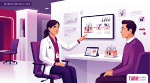 رسوم توضيحية لعيادة طبية حديثة تشرح احدث طرق زراعة الشعر للمرضى بأسلوب عصري 