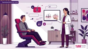 رسوم توضيحية لعيادة طبية فاخرة يشرح فيها الطبيب احدث عمليات زراعة الشعر لمريض بأسلوب فيكتور عصري 