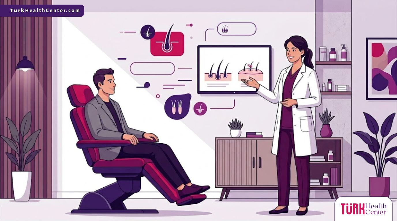 رسوم توضيحية لعيادة طبية فاخرة يشرح فيها الطبيب احدث عمليات زراعة الشعر لمريض بأسلوب فيكتور عصري 