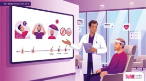 رسم توضيحي طبي يظهر طبيباً يشرح ارشادات بعد عملية زراعة الشعر لمريض في عيادة حديثة بلمسات فنية راقية 