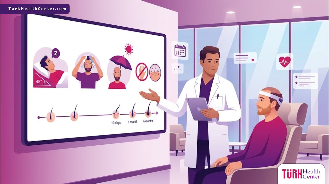 رسم توضيحي طبي يظهر طبيباً يشرح ارشادات بعد عملية زراعة الشعر لمريض في عيادة حديثة بلمسات فنية راقية