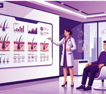 رسوم توضيحية طبية تشرح اسباب فشل زراعة الشعر وكيفية تجنبها داخل عيادة حديثة 