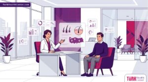 رسم توضيحي عصري يظهر طبيباً يشرح اسعار زراعة الشعر في تركيا لمريض في عيادة فاخرة 