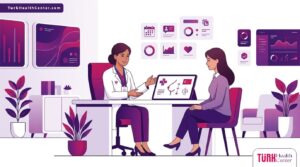 رسوم توضيحية عصرية (Vector) لطبيب يشرح للمريضة تفاصيل وباقات اسعار عمليات الثدي في تركيا داخل عيادة فاخرة 