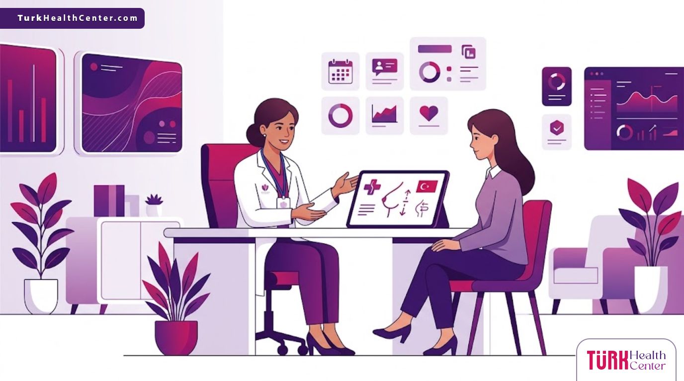 رسوم توضيحية عصرية (Vector) لطبيب يشرح للمريضة تفاصيل وباقات اسعار عمليات الثدي في تركيا داخل عيادة فاخرة 