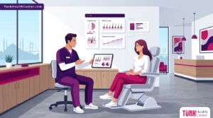 رسوم توضيحية فاخرة تظهر استشارة طبية داخل اشهر مراكز زراعة الشعر في تركيا مع توضيح التقنيات الحديثة 