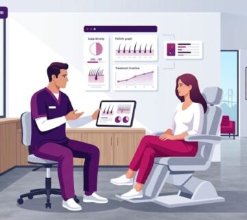 رسوم توضيحية فاخرة تظهر استشارة طبية داخل اشهر مراكز زراعة الشعر في تركيا مع توضيح التقنيات الحديثة 