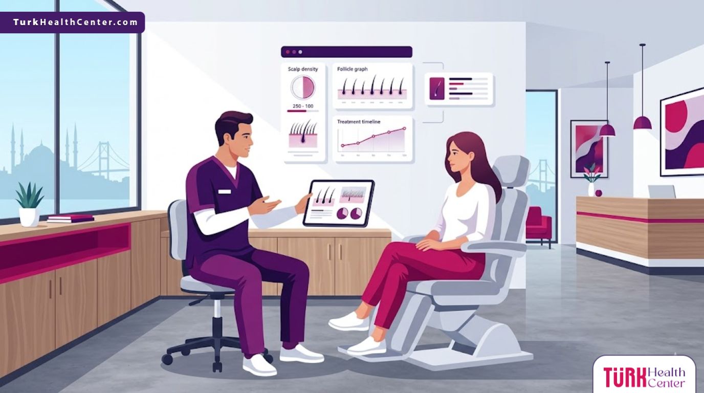 رسوم توضيحية فاخرة تظهر استشارة طبية داخل اشهر مراكز زراعة الشعر في تركيا مع توضيح التقنيات الحديثة 
