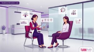 رسوم توضيحية لطبيب يشرح للمريض كيفية تجنب اضرار زراعة الشعر في عيادة حديثة 