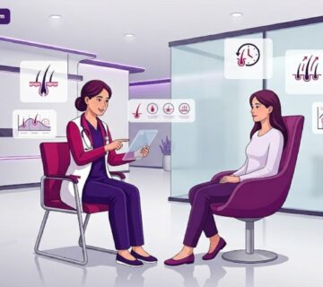 رسوم توضيحية لطبيب يشرح للمريض كيفية تجنب اضرار زراعة الشعر في عيادة حديثة 