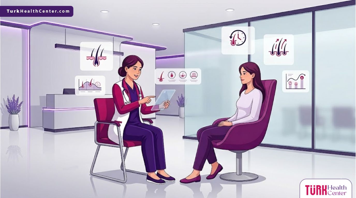 رسوم توضيحية لطبيب يشرح للمريض كيفية تجنب اضرار زراعة الشعر في عيادة حديثة 