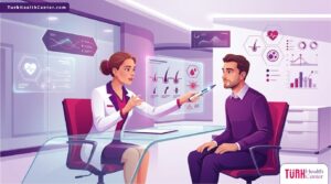 رسوم توضيحية راقية لطبيب يشرح اضرار زراعة شعر الذقن المحتملة لمريض داخل عيادة تجميل متطورة 