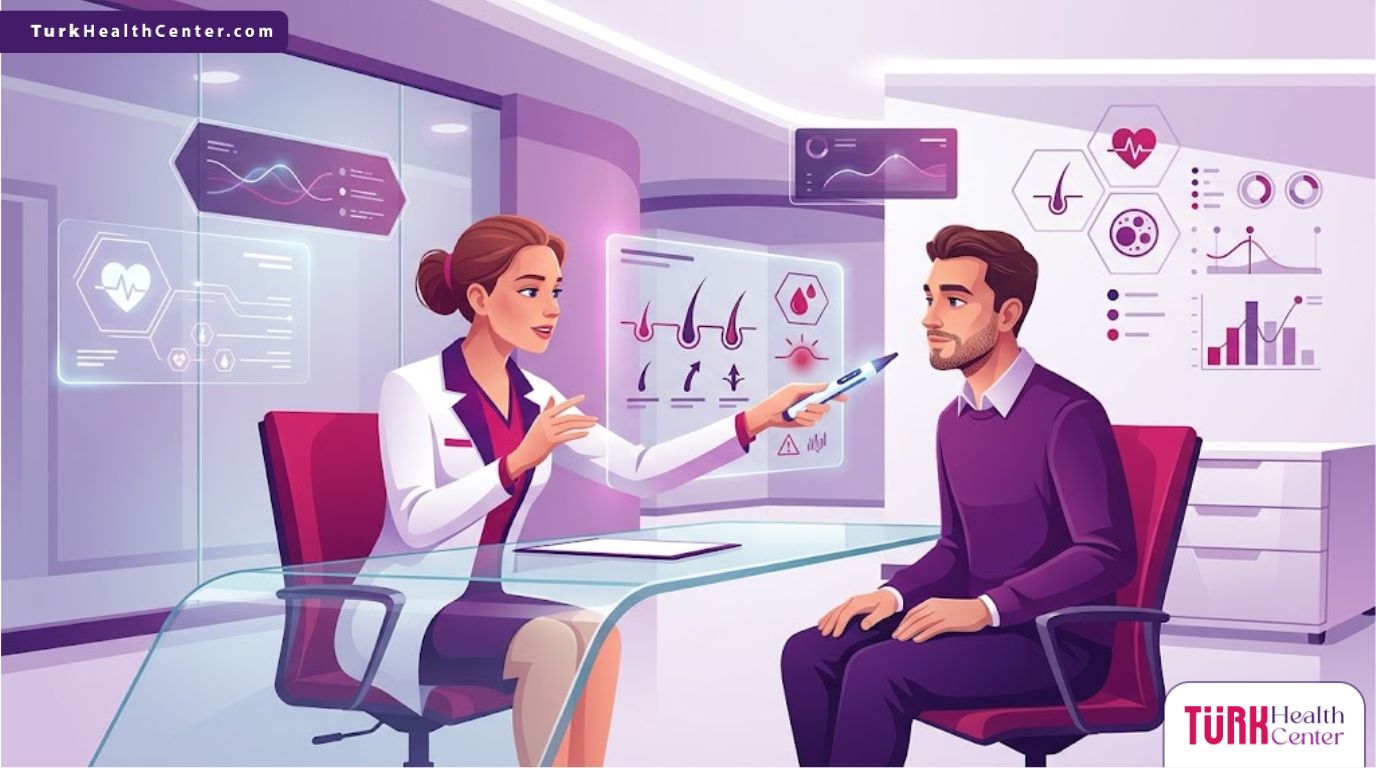 رسوم توضيحية راقية لطبيب يشرح اضرار زراعة شعر الذقن المحتملة لمريض داخل عيادة تجميل متطورة 