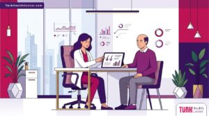 رسم توضيحي عصري يظهر طبيب يشرح عملية اختيار افضل دكتور زراعة شعر في تركيا لمريض داخل عيادة فاخرة بألوان البنفسجي والمجنتيا 