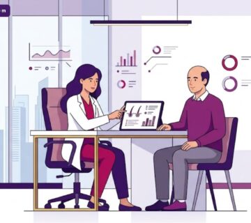 رسم توضيحي عصري يظهر طبيب يشرح عملية اختيار افضل دكتور زراعة شعر في تركيا لمريض داخل عيادة فاخرة بألوان البنفسجي والمجنتيا 