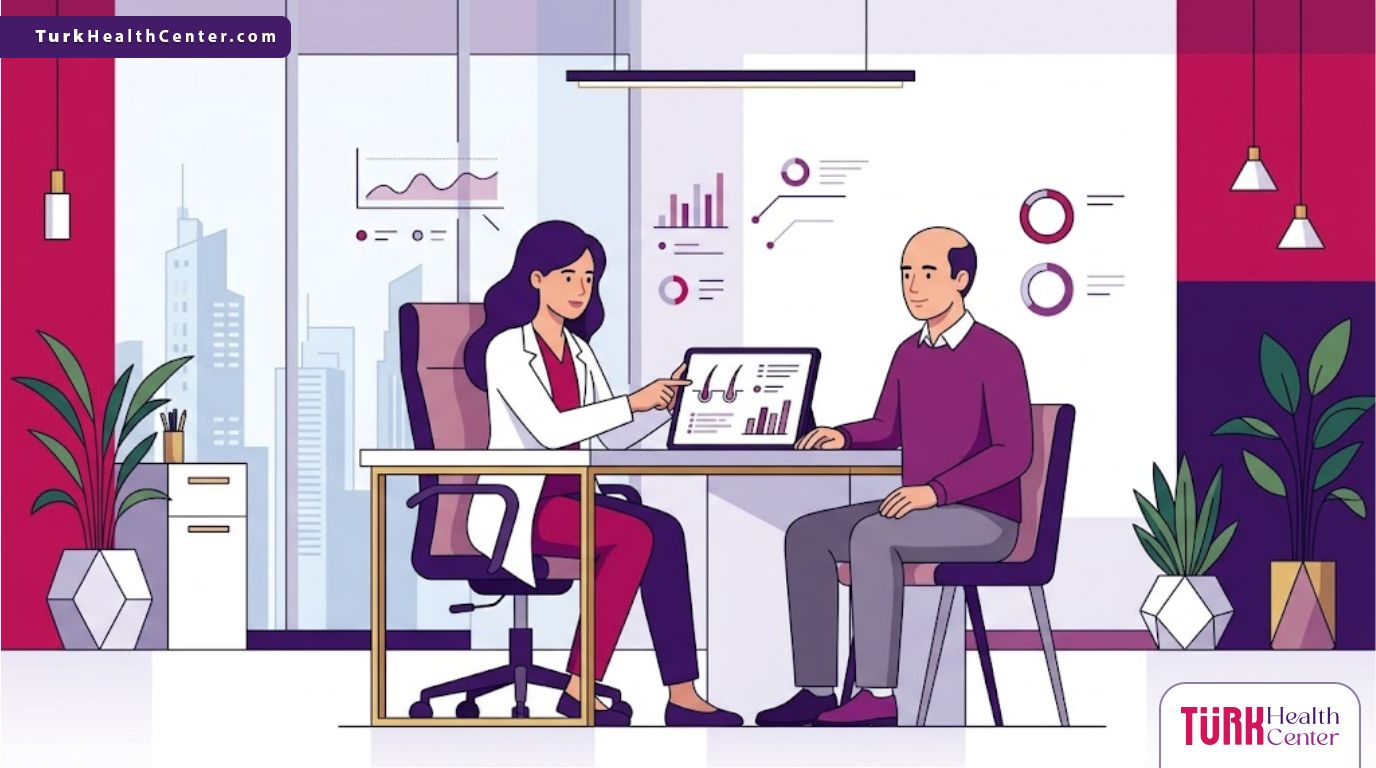 رسم توضيحي عصري يظهر طبيب يشرح عملية اختيار افضل دكتور زراعة شعر في تركيا لمريض داخل عيادة فاخرة بألوان البنفسجي والمجنتيا 