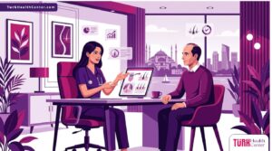 رسم توضيحي عصري يظهر طبيب يشرح خطوات افضل زراعة شعر في تركيا لمريض في عيادة فاخرة 