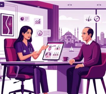 رسم توضيحي عصري يظهر طبيب يشرح خطوات افضل زراعة شعر في تركيا لمريض في عيادة فاخرة 