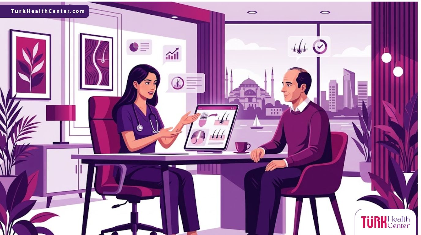 رسم توضيحي عصري يظهر طبيب يشرح خطوات افضل زراعة شعر في تركيا لمريض في عيادة فاخرة 