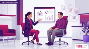 رسوم توضيحية لعيادة طبية متطورة تشرح المعايير المتعلقة بموضوع افضل عمر لزراعة الشعر 