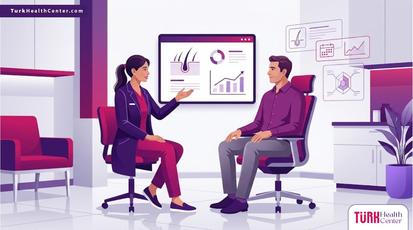 رسوم توضيحية لعيادة طبية متطورة تشرح المعايير المتعلقة بموضوع افضل عمر لزراعة الشعر 