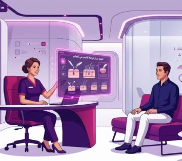 رسوم توضيحية لعيادة طبية فاخرة تشرح خدمات افضل مركز لزراعة الشعر في العالم 