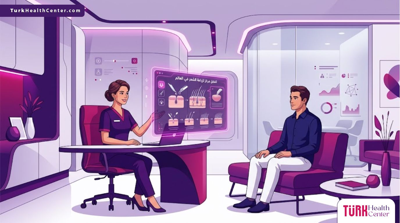 رسوم توضيحية لعيادة طبية فاخرة تشرح خدمات افضل مركز لزراعة الشعر في العالم 