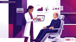 رسوم توضيحية فيكتور لمريض يستشير طبيباً حول إجراءات افضل مستشفى زراعة شعر بتركيا في عيادة فاخرة 