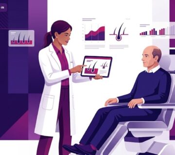 رسوم توضيحية فيكتور لمريض يستشير طبيباً حول إجراءات افضل مستشفى زراعة شعر بتركيا في عيادة فاخرة 