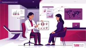 رسم توضيحي يظهر طبيباً يشرح عملية زراعة الشعر لمريض في عيادة حديثة توضح افضل مكان لزراعة الشعر في العالم 